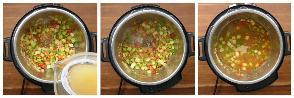 Instant Pot Jambalaya Instructions collage - deglaze, add spices and broth - Paint the Kitchen Red