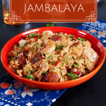 Instant Pot Jambalaya Pinterest pin - orange bowl with shrimp, sausage and rice - Paint the Kitchen Red