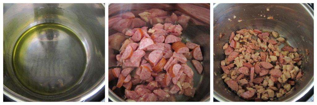 Instant Pot Gumbo Instructions collage 1 - oil, sausage/chicken, cooked - Paint the Kitchen Red
