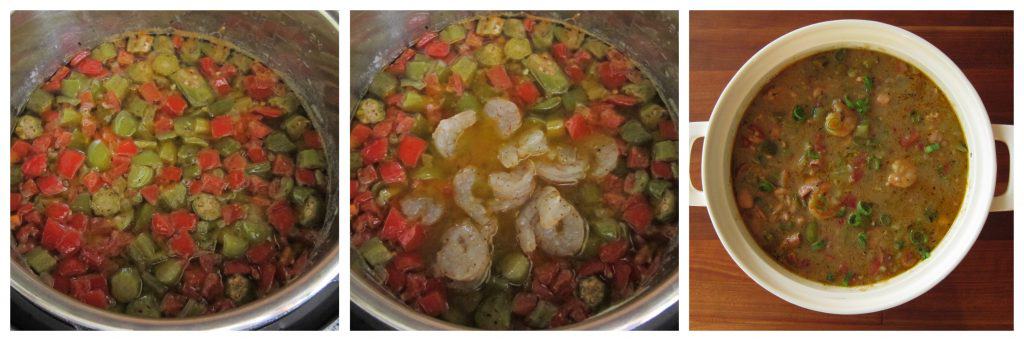 Instant Pot Gumbo Instructions collage - cooked gumbo, shrimp added, in serving bowl garnished- Paint the Kitchen Red