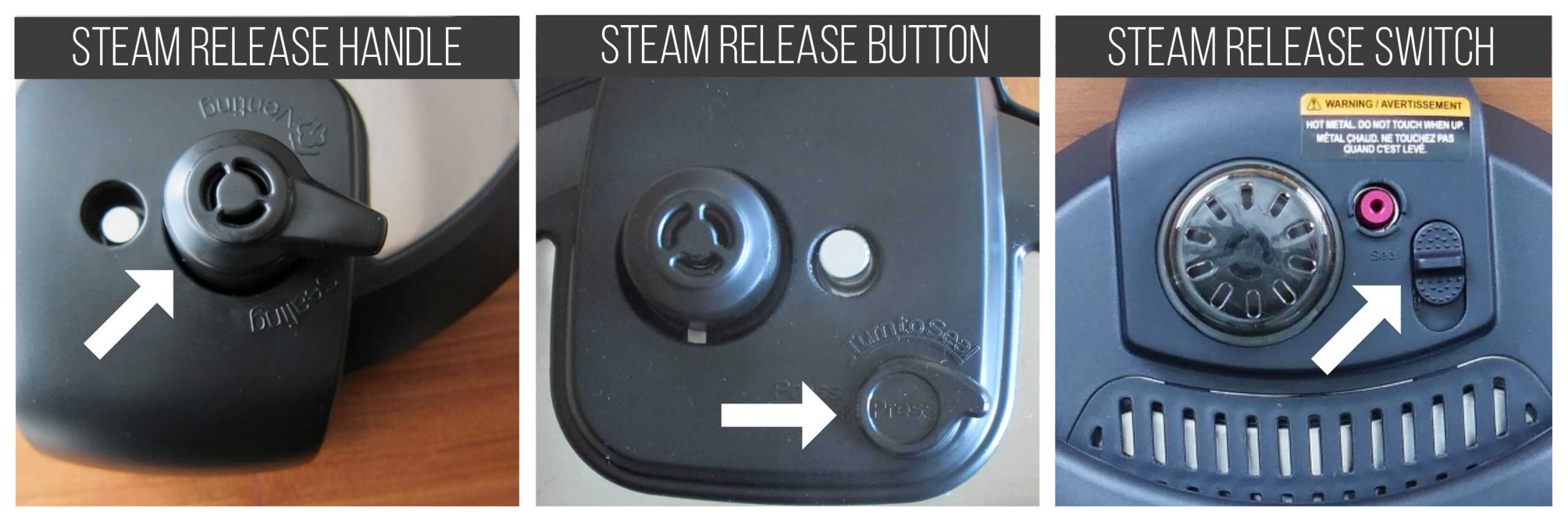 Instant Pot steam release handle, button and switch collage - Paint the Kitchen Red