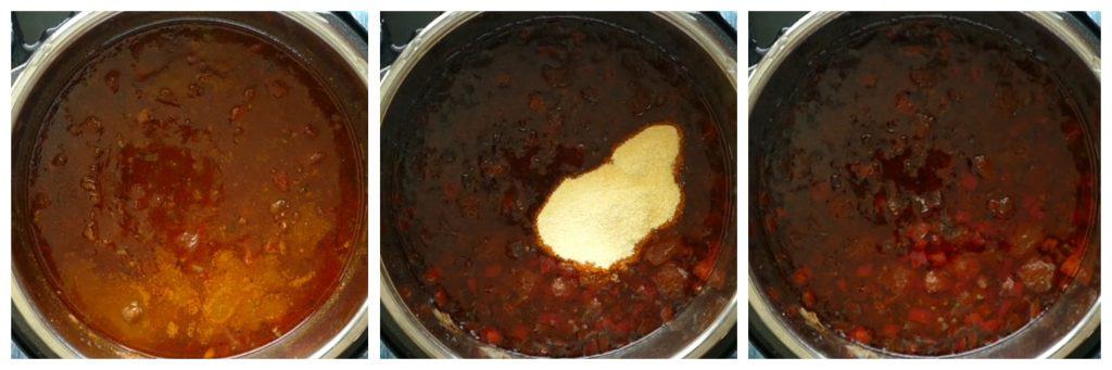 Instant Pot Chili with Dried Beans Instructions collage - chili cooked, masa harina added, stirred - Paint the Kitchen Red