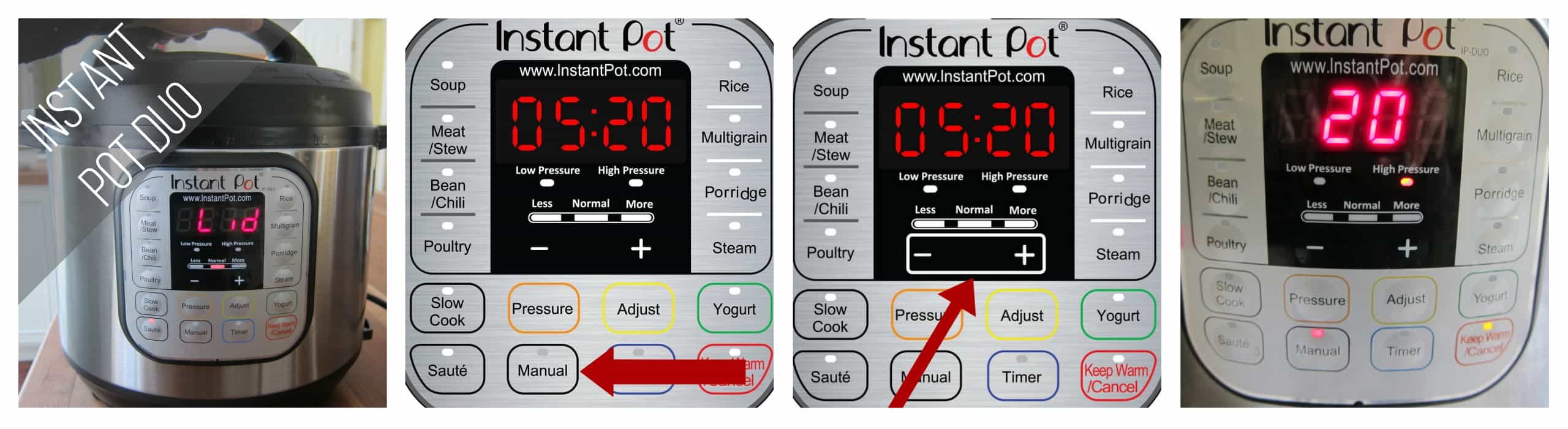 Instant Pot Duo Manual mode 20 minutes collage - close lid, press manual, press + -, display says 20 - Paint the Kitchen Red