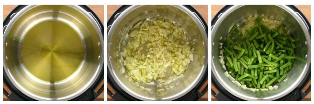 Instant Pot Green Beans Middle Eastern instructions collage 1 - oil, onions and garlic, beans - Paint the Kitchen Red