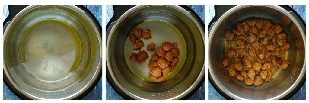 Instant Pot Penne with Sausage Instructions collage 1 - oil, sausage, cooked sausage - Paint the Kitchen Red