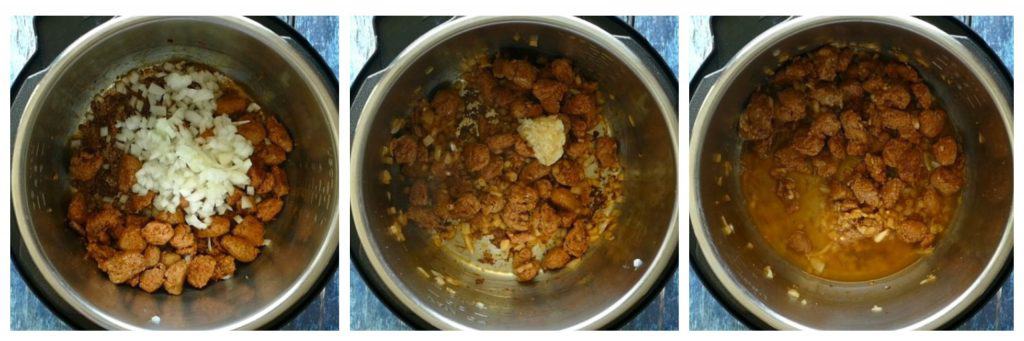 Instant Pot Penne with Sausage Instructions collage 2 - onions, garlic, deglazed - Paint the Kitchen Red