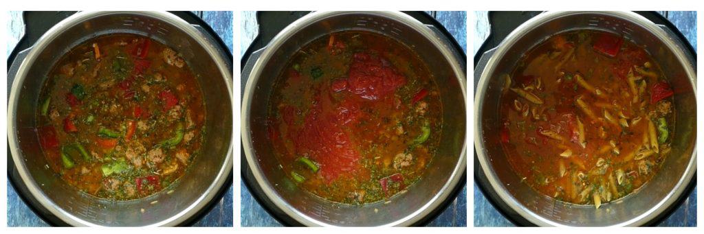 Instant Pot Penne with Sausage Instructions collage 3 - broth and spices, tomatoes, pasta - Paint the Kitchen Red