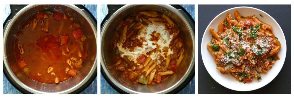 Instant Pot Penne with Sausage Instructions collage 4 - cooked pasta, add cream, sprinkled with parsley and parmesan - Paint the Kitchen Red