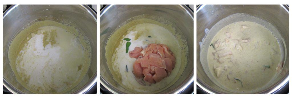 Instant Pot Thai Green Curry Instructions collage 2 - coconut milk, chicken, stirred - Paint the Kitchen Red
