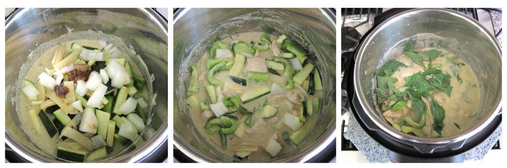 Instant Pot Thai Green Curry Instructions collage 3 - add vegetables to cooked curry, stir, add thai basil - Paint the Kitchen Red