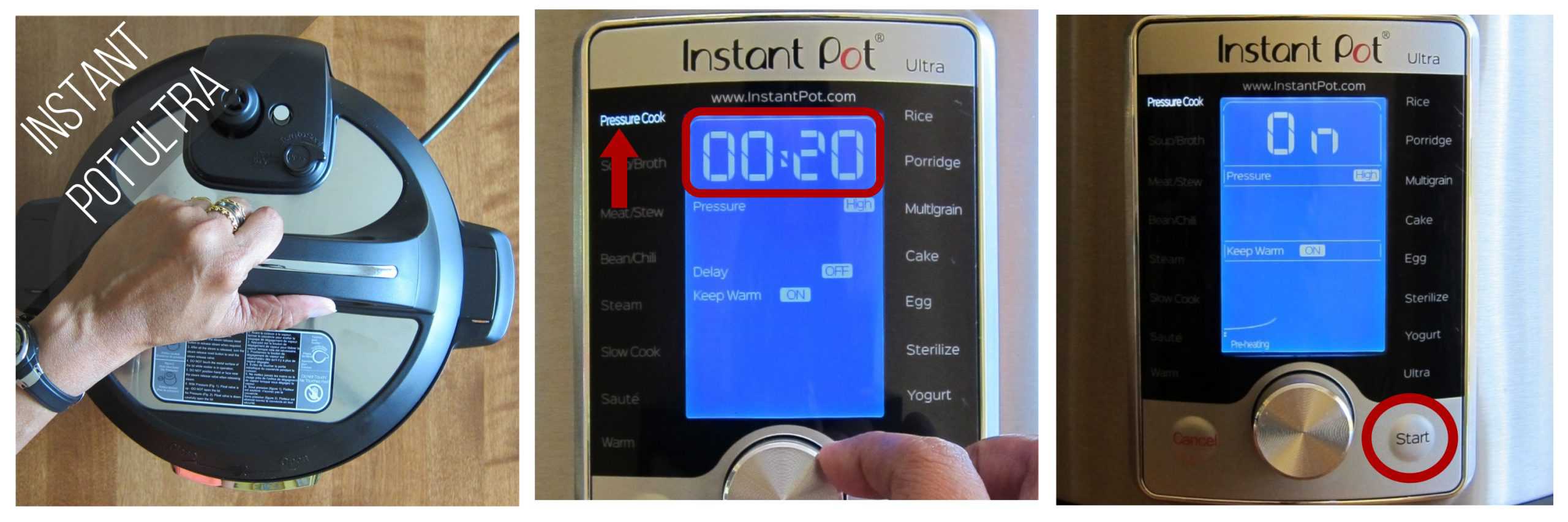 Instant Pot Ultra pressure cook 20 minutes collage - close Instant Pot Ultra, set time to 00:020 and select Pressure Cook, press start - Paint the Kitchen Red