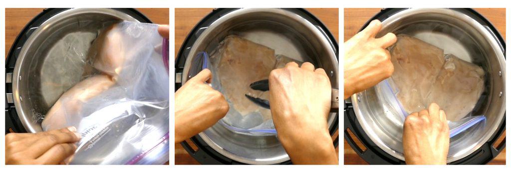 evo sous vide cooking collage 3 - place bag in inner pot, push down with tongs, seal all the way - Paint the Kitchen Red