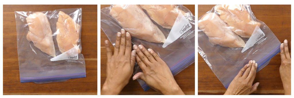 Instant Pot sous vide ziploc collage - 2 pieces of chicken in ziploc, air being pressed out, zip to close- Paint the Kitchen Red