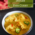 Instant Pot Indian Fish Curry Pinterest - bowl of golden colored fish curry garnished with green chilis - Paint the Kitchen Red