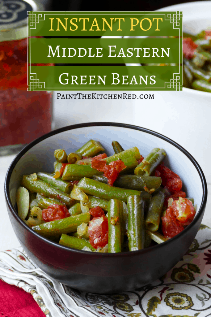 Instant Pot Green Beans Middle Eastern Style in brown bowl with tomatoes on top - Paint the Kitchen Red