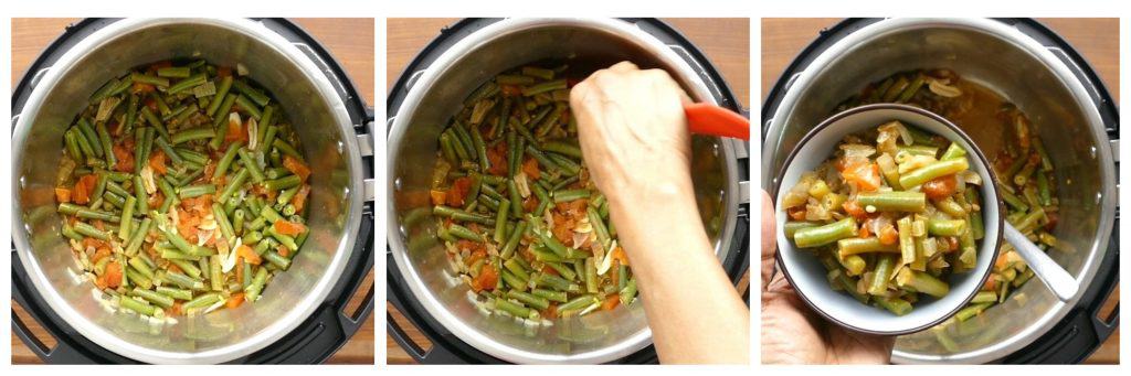 Instant Pot Green Beans Middle Eastern instructions collage 2 - cooked beans, stirred, served in a bowl - Paint the Kitchen Red.jpg