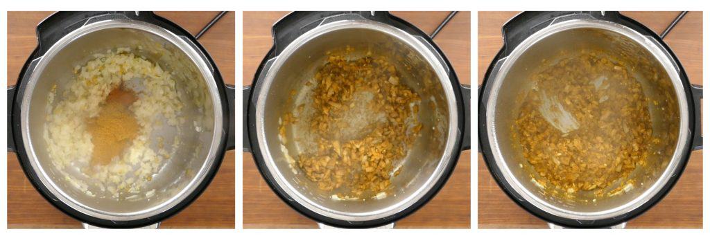 Instant Pot African Peanut Soup Instructions collage - add spices, stir, deglazed
