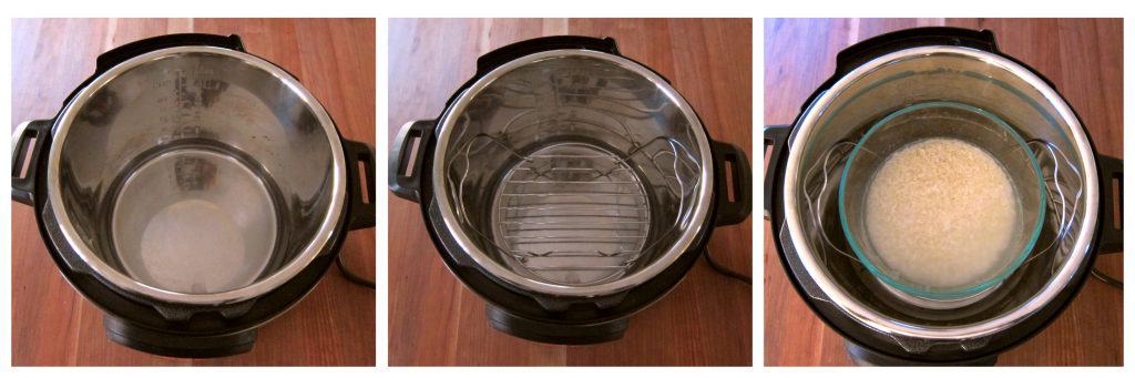 Instant Pot Pot Rice - Pot in Pot Method Instructions 2 - water in inner pot, trivet in water, bowl of rice on trivet - Paint the Kitchen Red