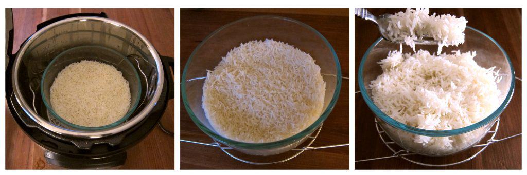 Instant Pot Pot Rice - Pot in Pot Method Instructions - cooked rice in inner pot, cooked rice taken out, fluff rice with fork - Paint the Kitchen Red