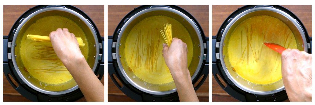 Instant Pot Khao Suey Instructions collage - spaghetti added front to back, added right to left, spaghetti being pushed down with spatula into liquid