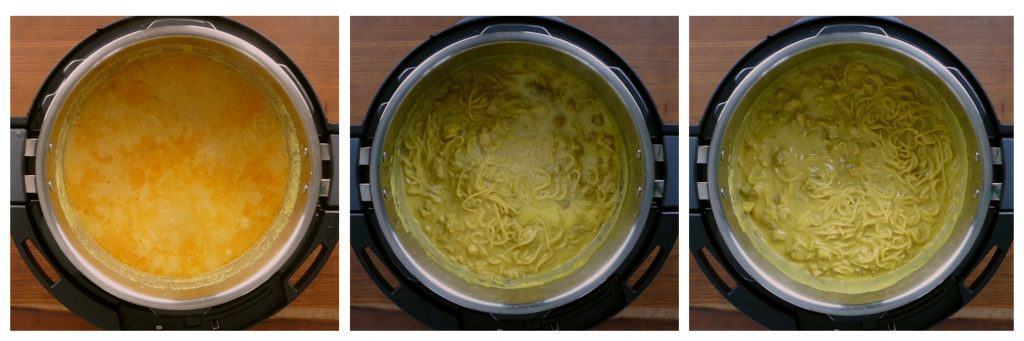 Instant Pot Khao Suey Instructions collage - curry liquid, stirred up with noodles and chicken, bubbling in saute mode