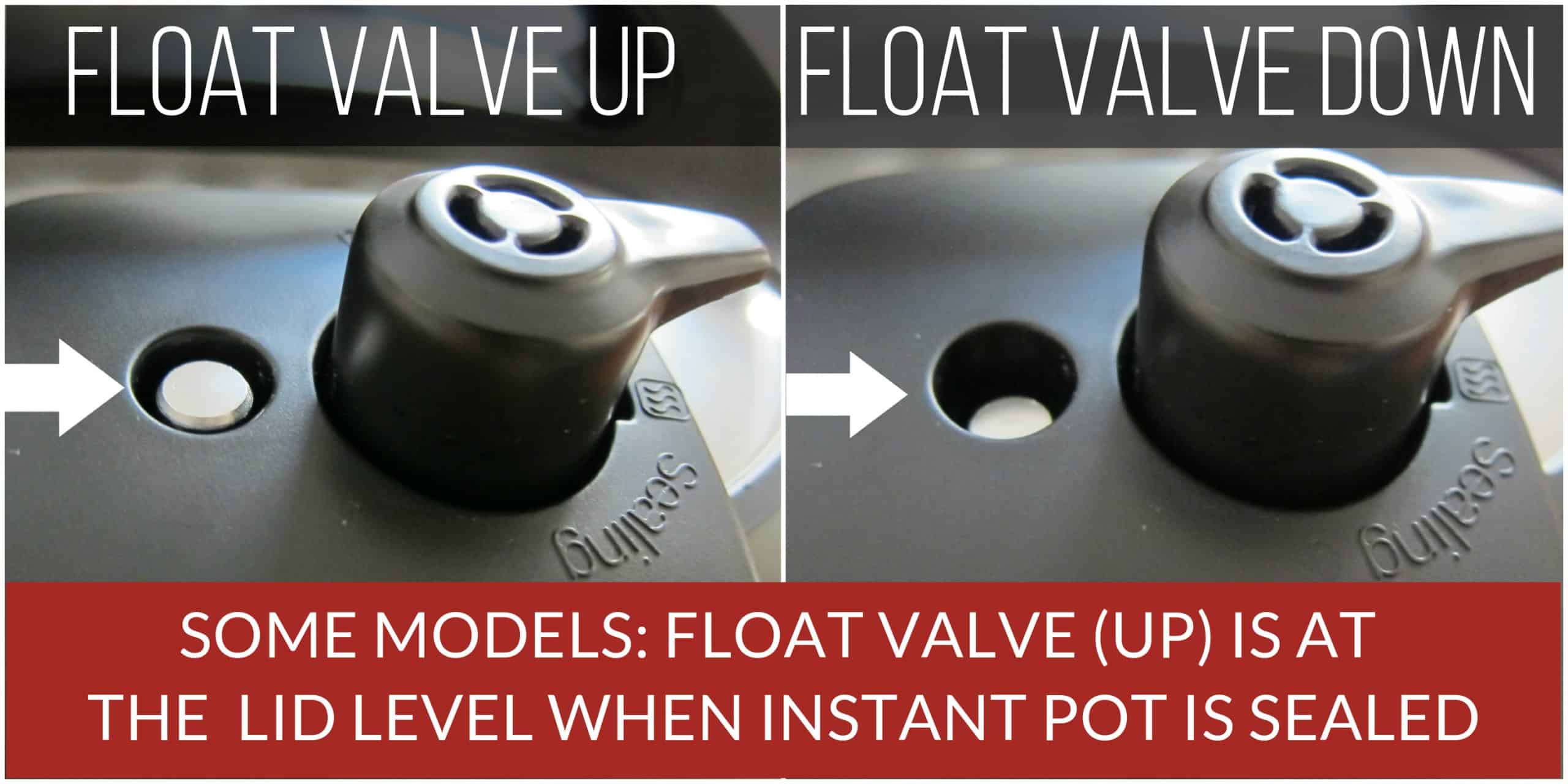 Collage with float valve in up position at lid level and in down position below lid level