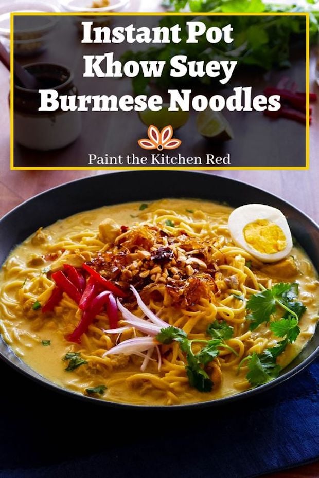 bowl of khow suey noodles with boiled egg and garnishes and text "instant pot khow suey burmese noodles"