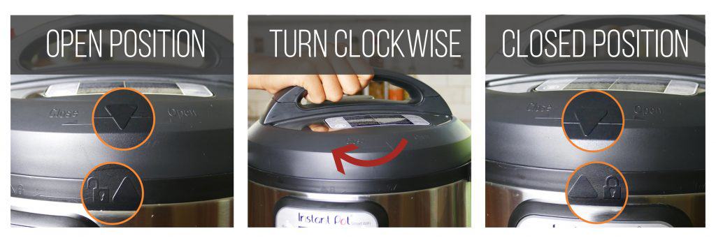 Close Instant Pot collage - arrow on lid lined up with open lock, turn lid clockwise, arrow lined up with closed lock