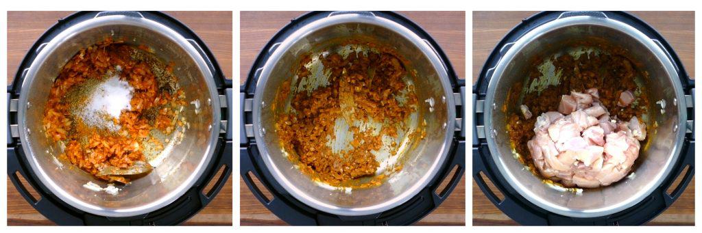 Instant Pot Chicken Korma Instructions collage - spices added, stirred, chicken added