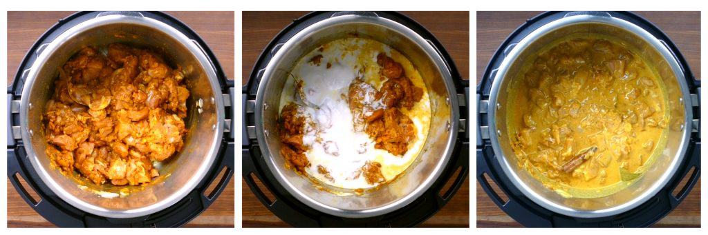 Instant Pot Chicken Korma Instructions collage - chicken and spiced stirred, coconut milk added, stirred