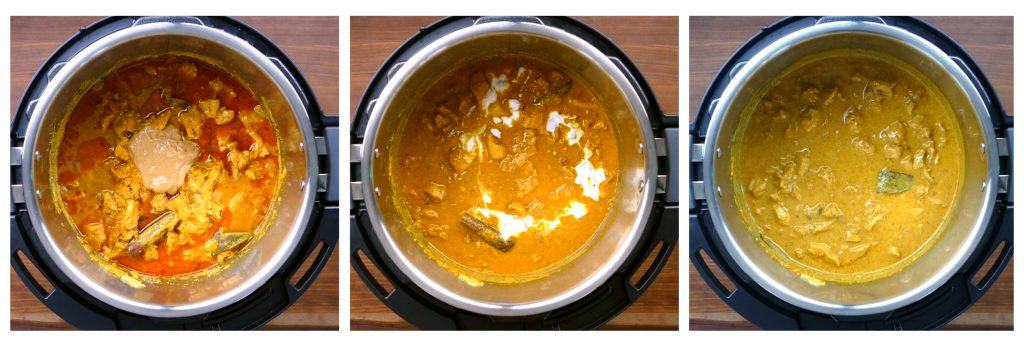 Instant Pot Chicken Korma Instructions collage - cooked curry with peanut butter and coconut milk added, stirred