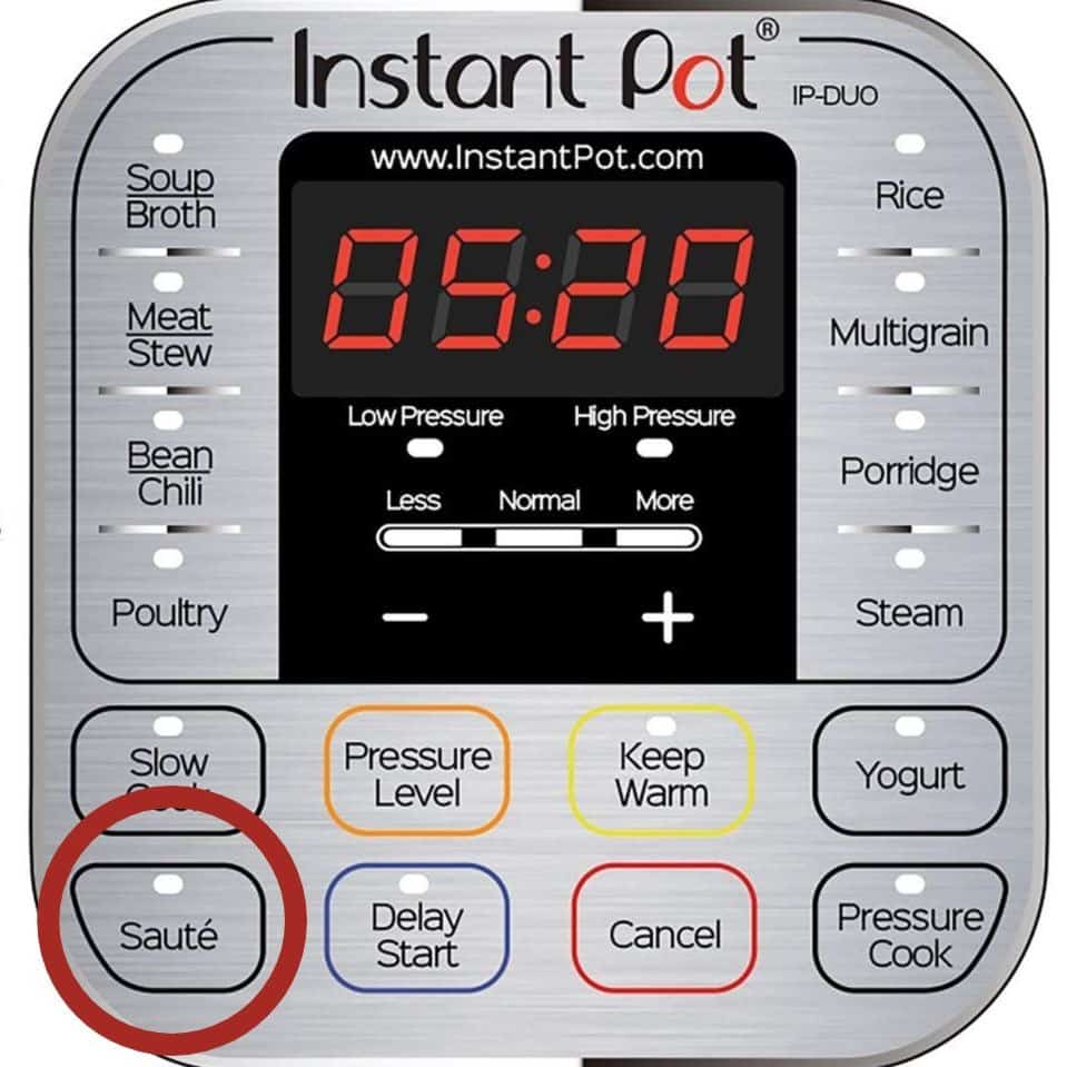 Instant Pot Duo Saute button highlighted on display panel