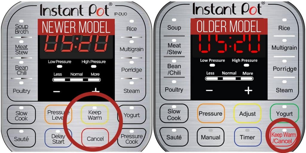 Instant Pot Duo keep warm cancel collage - keep warm and cancel buttons circled on display panel