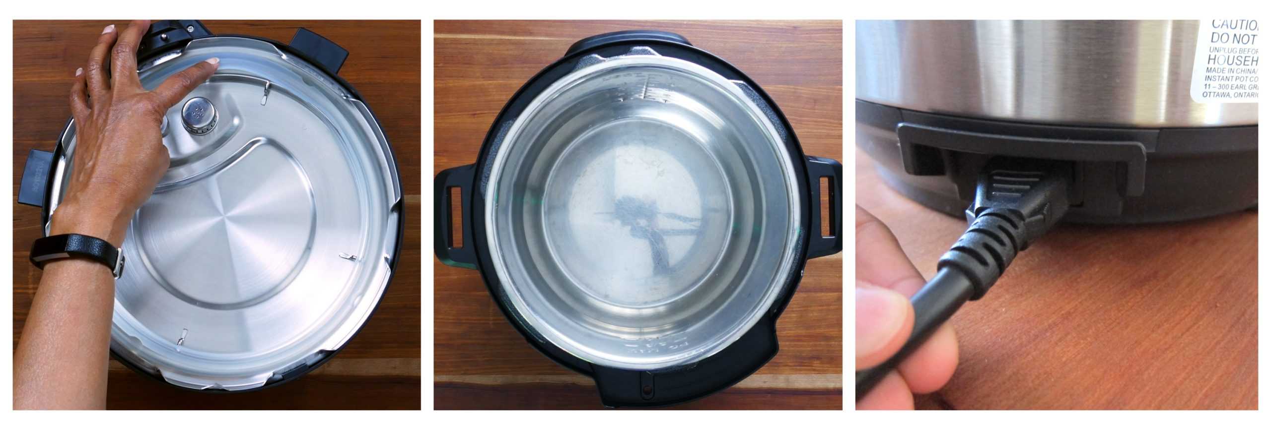 Instant Pot water test collage - push sealing ring in, inner pot in base unit, plug attached