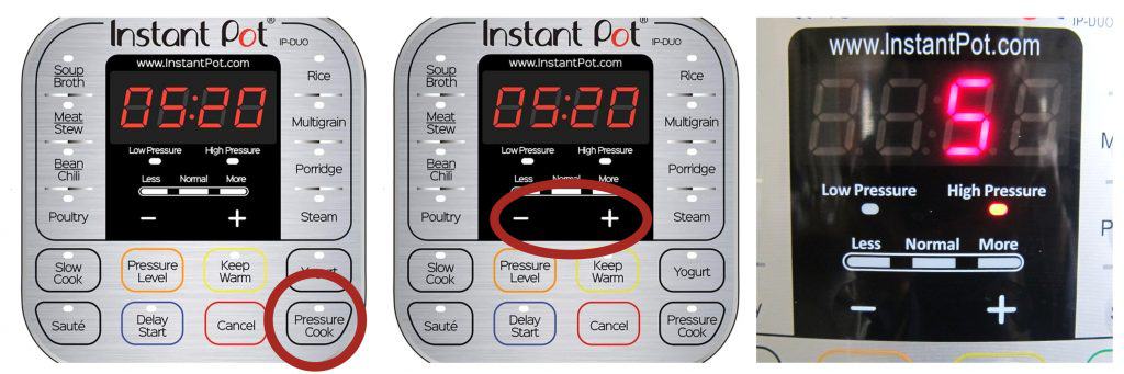 Instant Pot water test collage instructions collage - pressure cook, plus and minus, display says 5