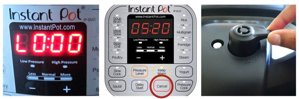 Instant Pot water test collage instructions collage - display says L00:00, press cancel, move steam release valve to venting