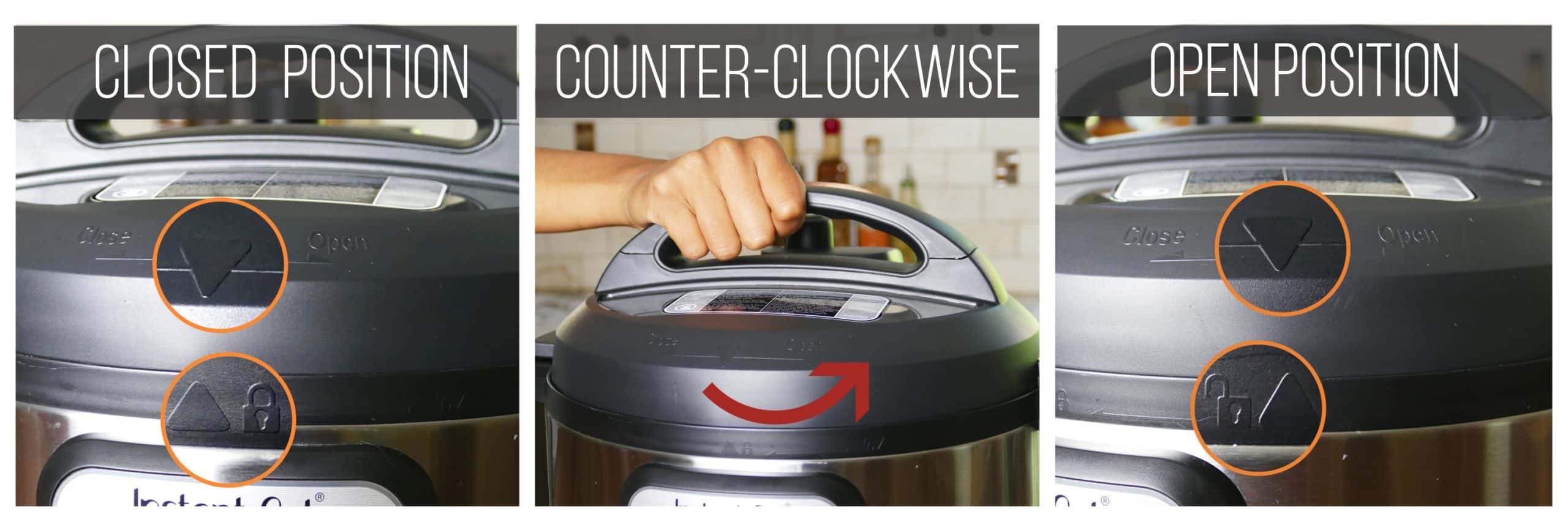 Open Instant Pot collage - arrow on lid lined up with closed lock, turn lid counter clockwise, arrow lined up with open lock