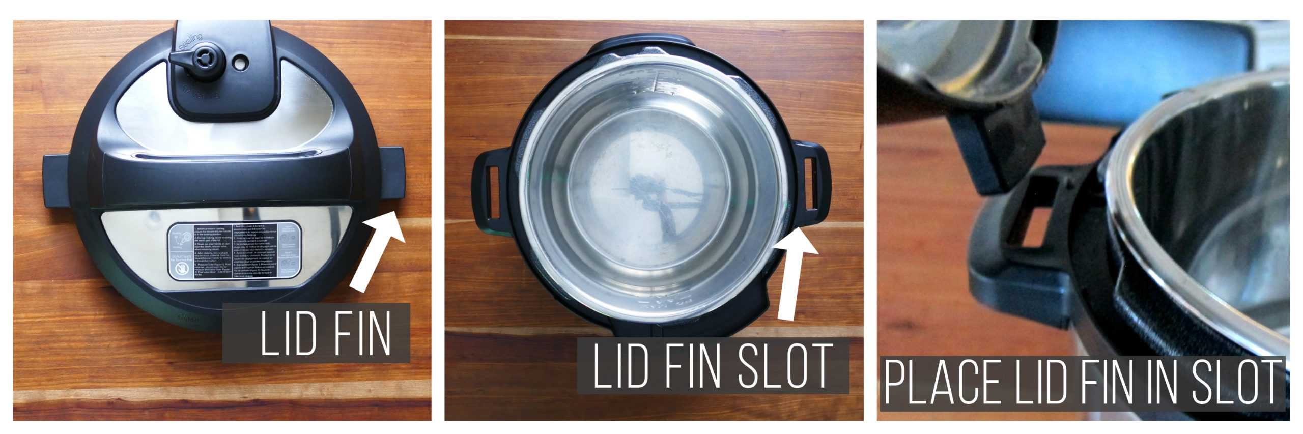 Prop Instant Pot lid open collage - arrow showing fin, arrow showing slot, fin being placed in slot