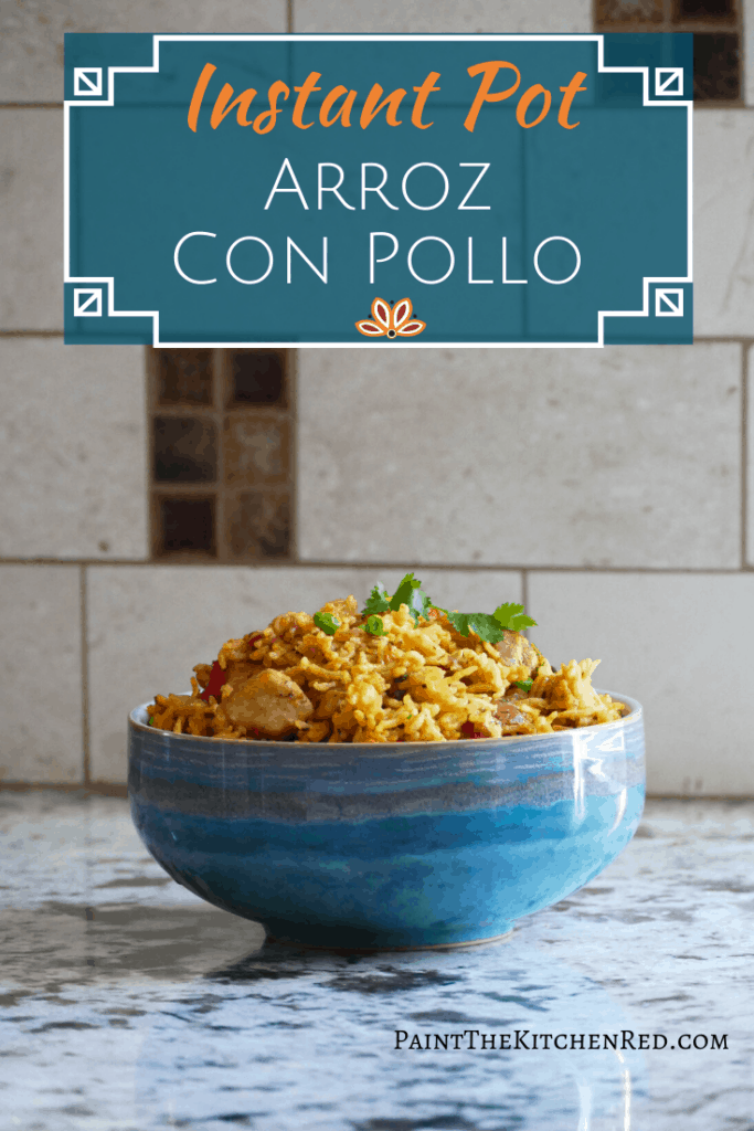 Pinterest pin with blue bowl on counter with yellow rice, peas, chicken topped with cilantro