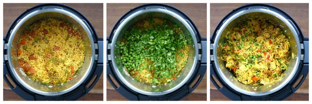 Instant Pot Arroz con Pollo instructions collage - cooked rice, peas and cilantro added, stirred