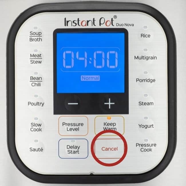 Instant Pot Duo Nova Display Panel Cancel button circled