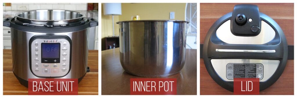 Instant Pot Duo Nova Parts collage - base unit, inner pot, lid