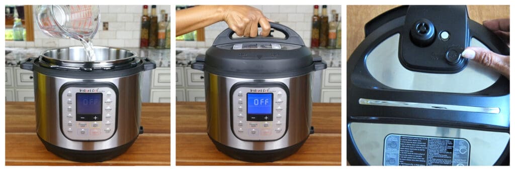 Instant Pot Water Test collage pour water, close, button released