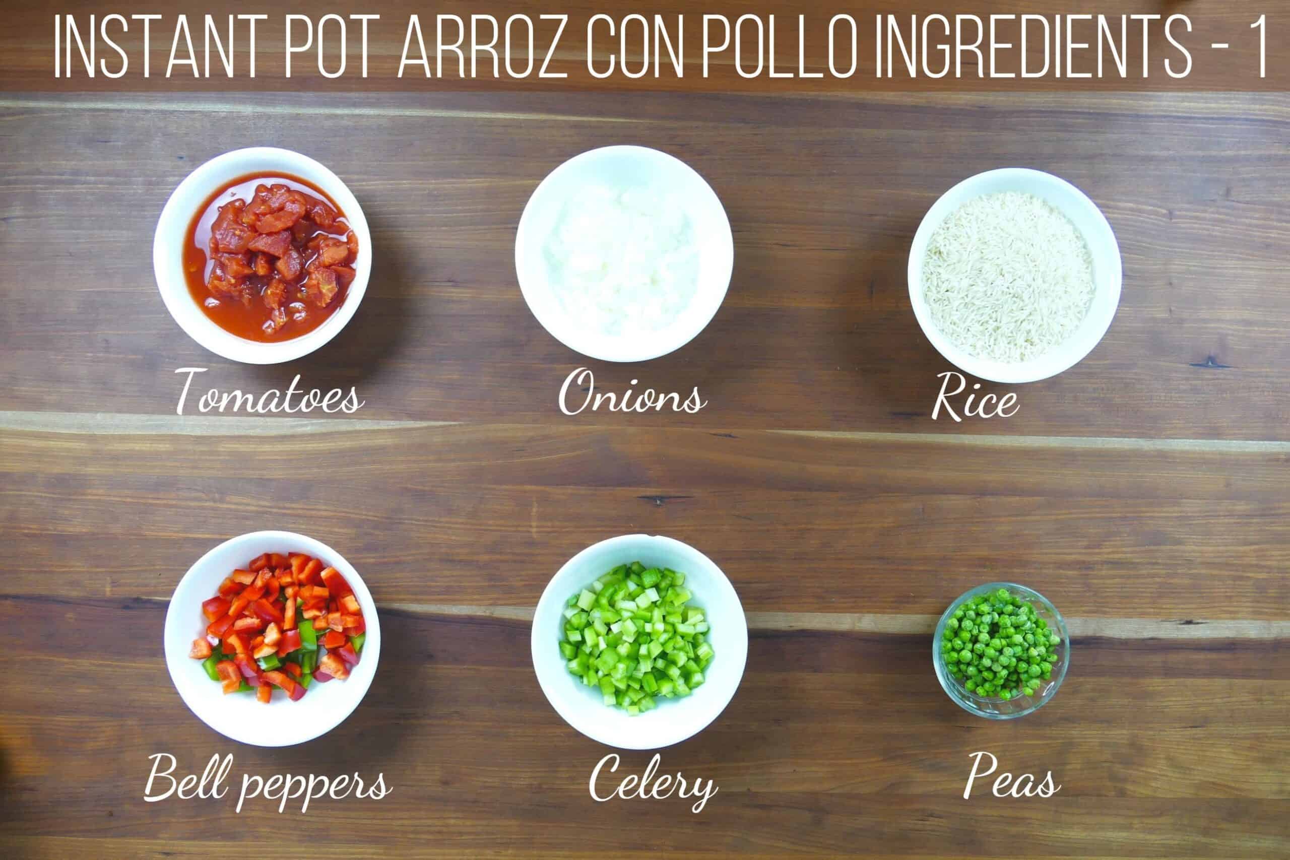 instant pot arroz con pollo ingredients - tomatoes, onions, rice, bell peppers, celery, peas - Paint the Kitchen Red.jpg