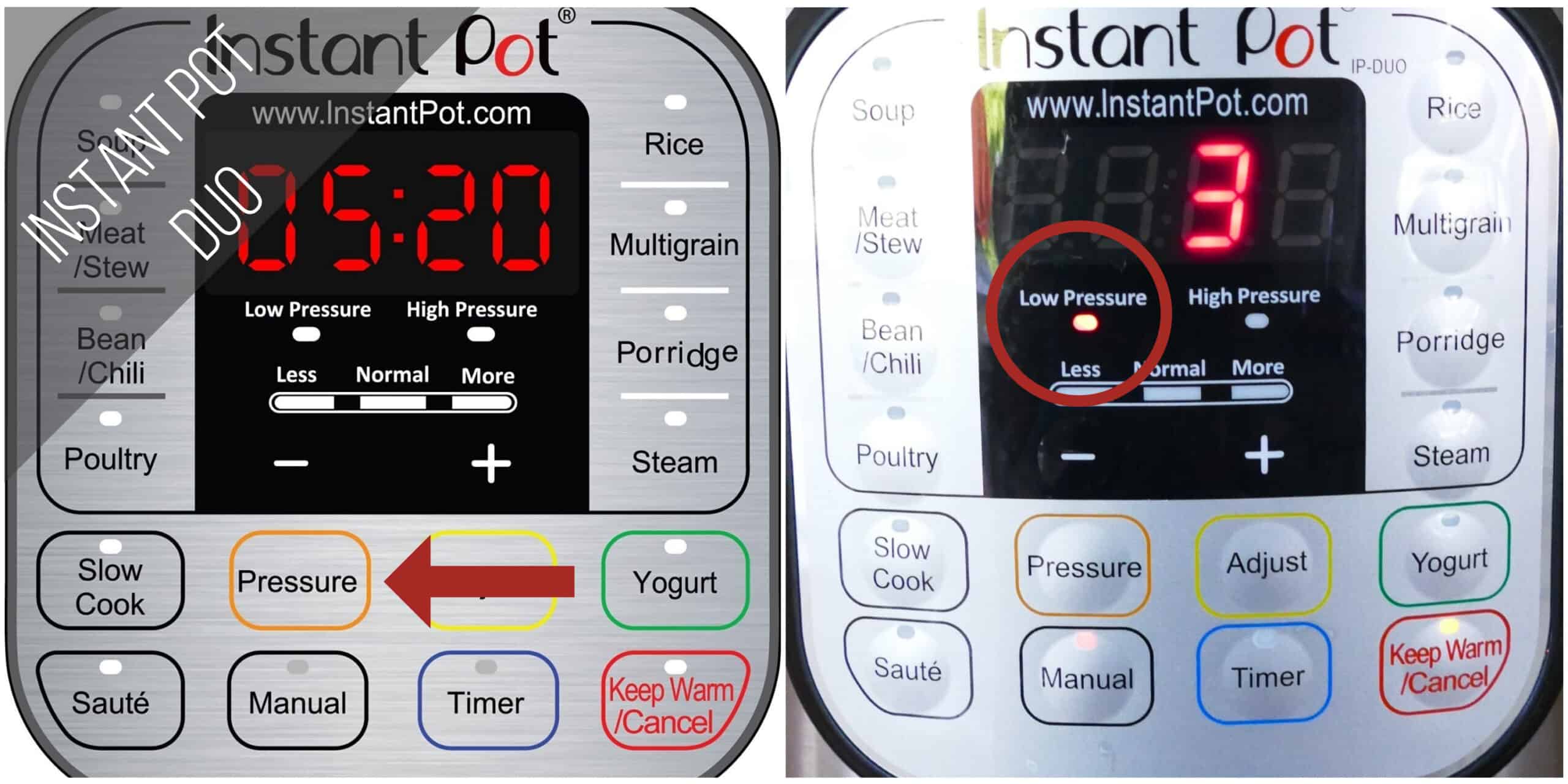 Instant Pot Duo low pressure cook 3 minutes collage - pressure button, low pressure light on and 3 minutes in the display