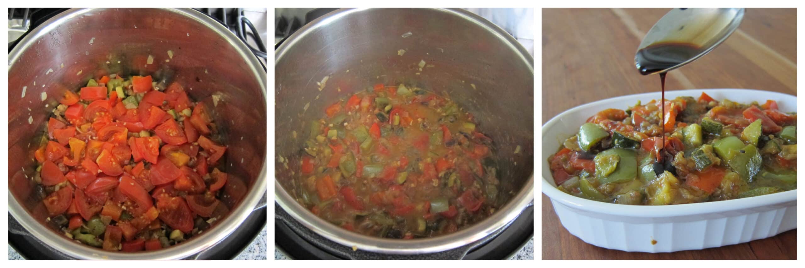 Instant Pot Ratatouille Instructions collage - vegetables cooked, stirred, drizzle balsamic vinegar