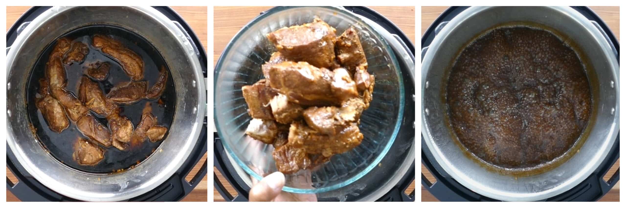 Instant Pot Char Siu Instructions collage - cooked pork, remove to bowl, reduce sauce