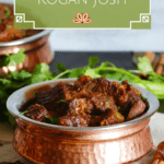Instant Pot Rogan Josh in a copper dish with whole spices and cilantro in background