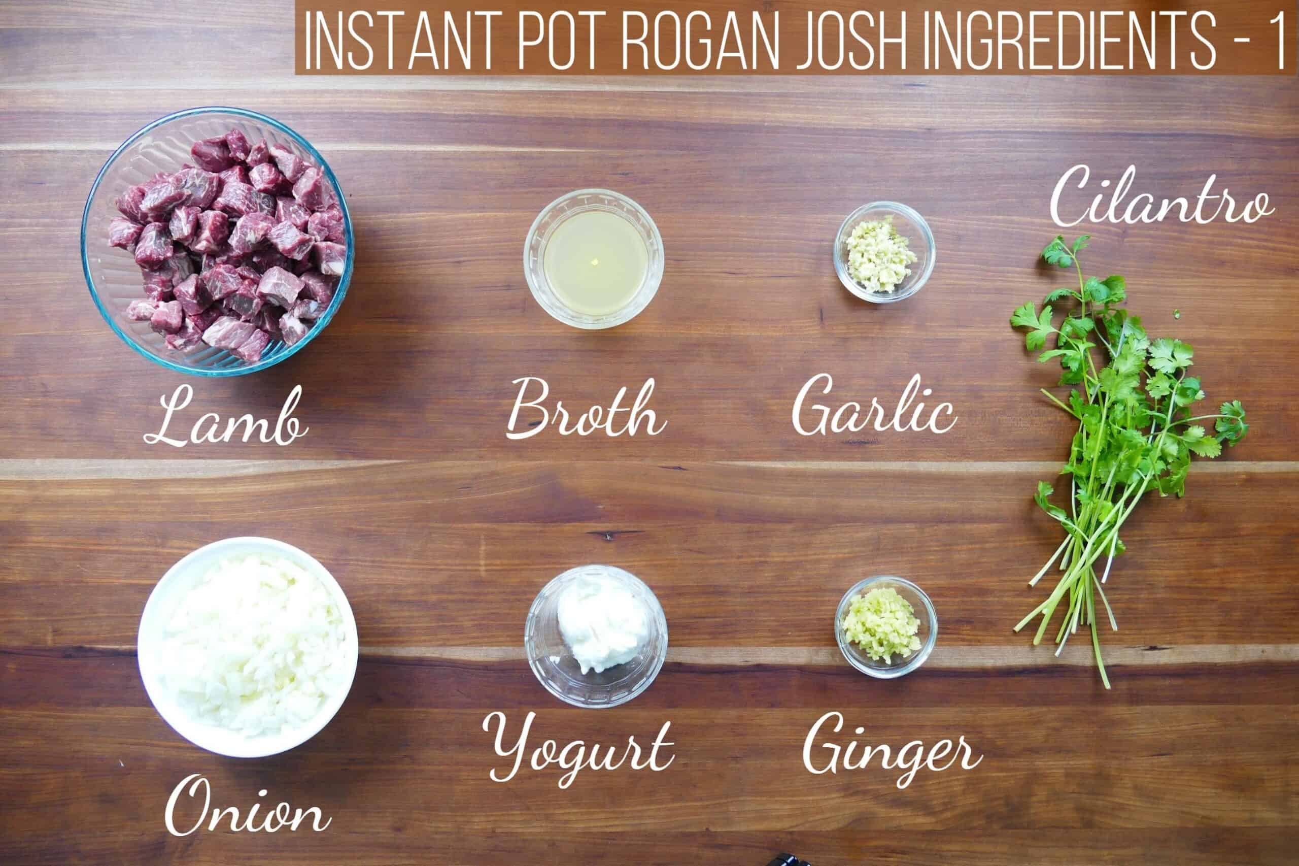 Instant Pot Rogan Josh ingredients - lamb, broth, garlic, onion, yogurt, ginger, cilantro