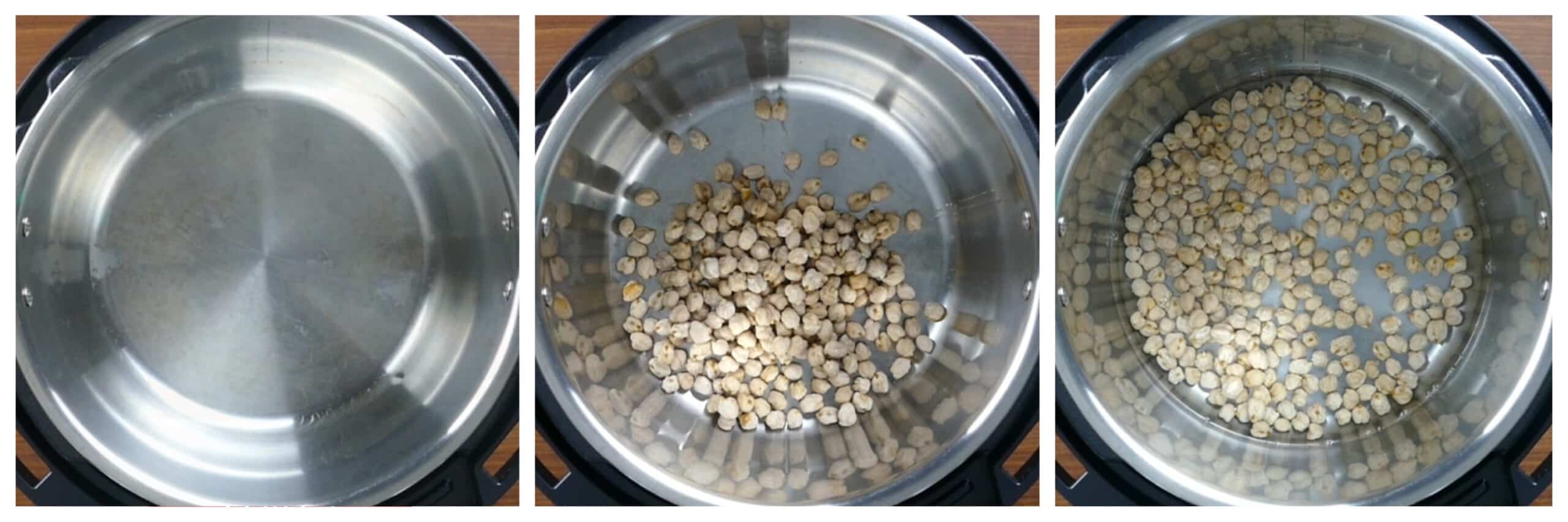 Instant Pot Chickpeas Instructions collage - empty inner pot, chickpeas added, water added